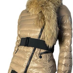 Moncler Beige Puffer Jacket with Fur Collar